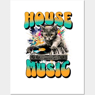 HOUSE MUSIC  - Feline Dj on Decks 2 (black/teal/orange) Posters and Art